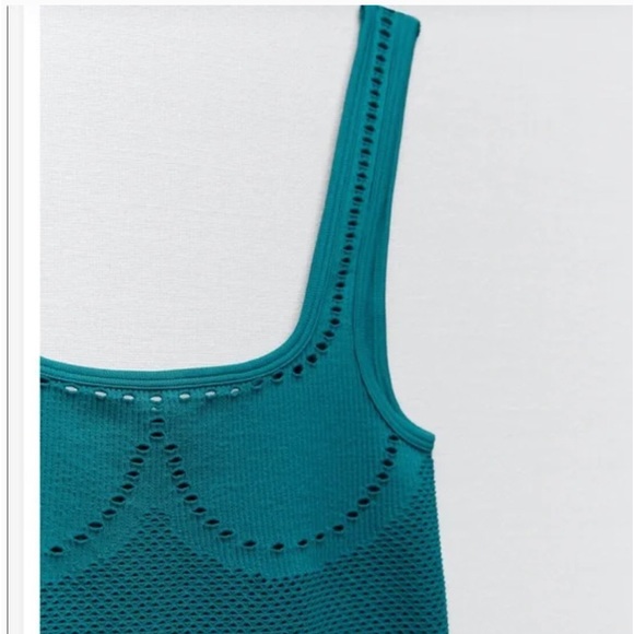 Zara M/L Teal Blue Perforated Seamless Contour Collection Bodysuit Crochet Knit - Picture 8 of 14